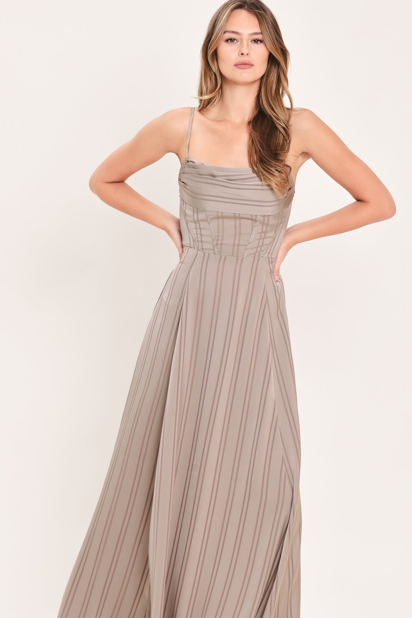 MISTED SILK DAYBREAK WOVEN SHADOW STRIPE MAXI DRESS