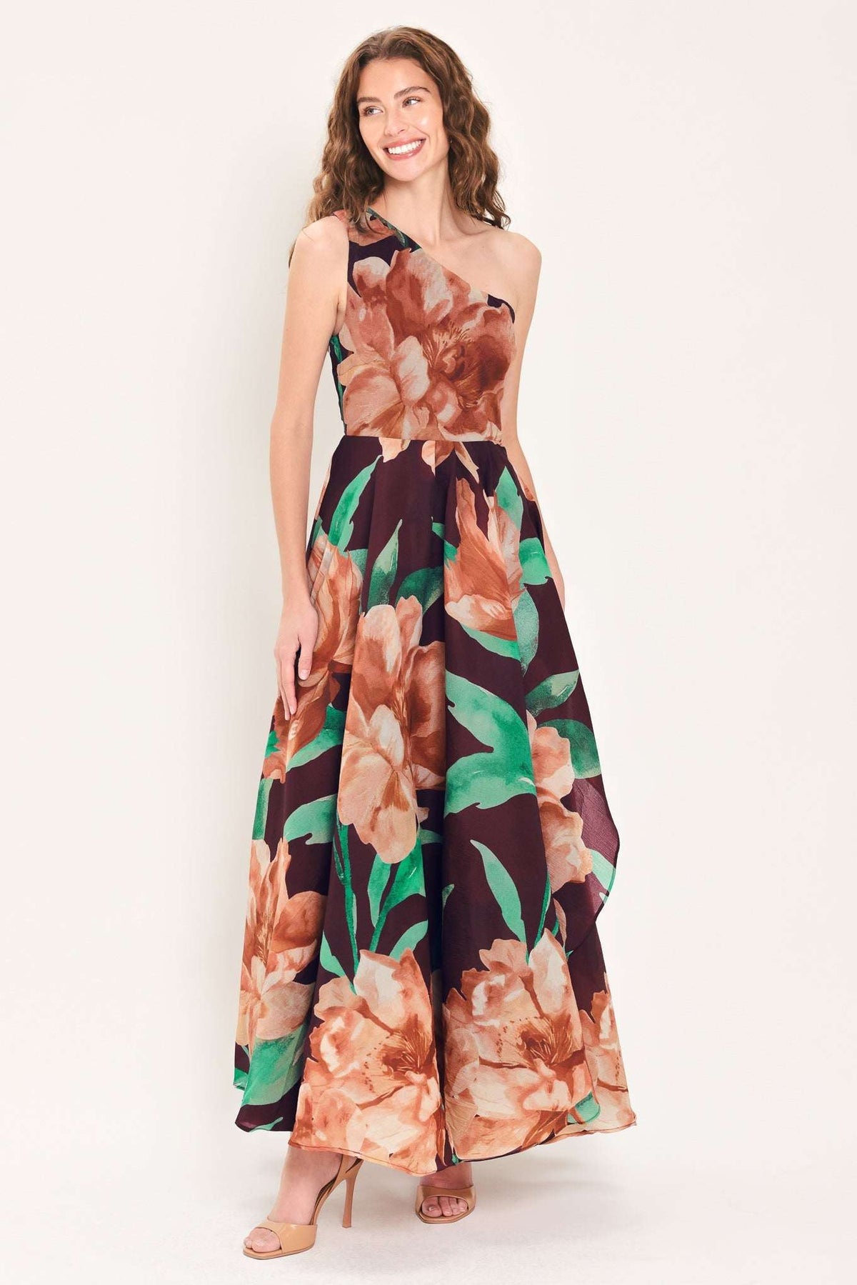 VINTAGE MERLOT WINE PRINTED ONE-SHOULDER MAXI DRESS - Flying Tomato - Flyclothing LLC