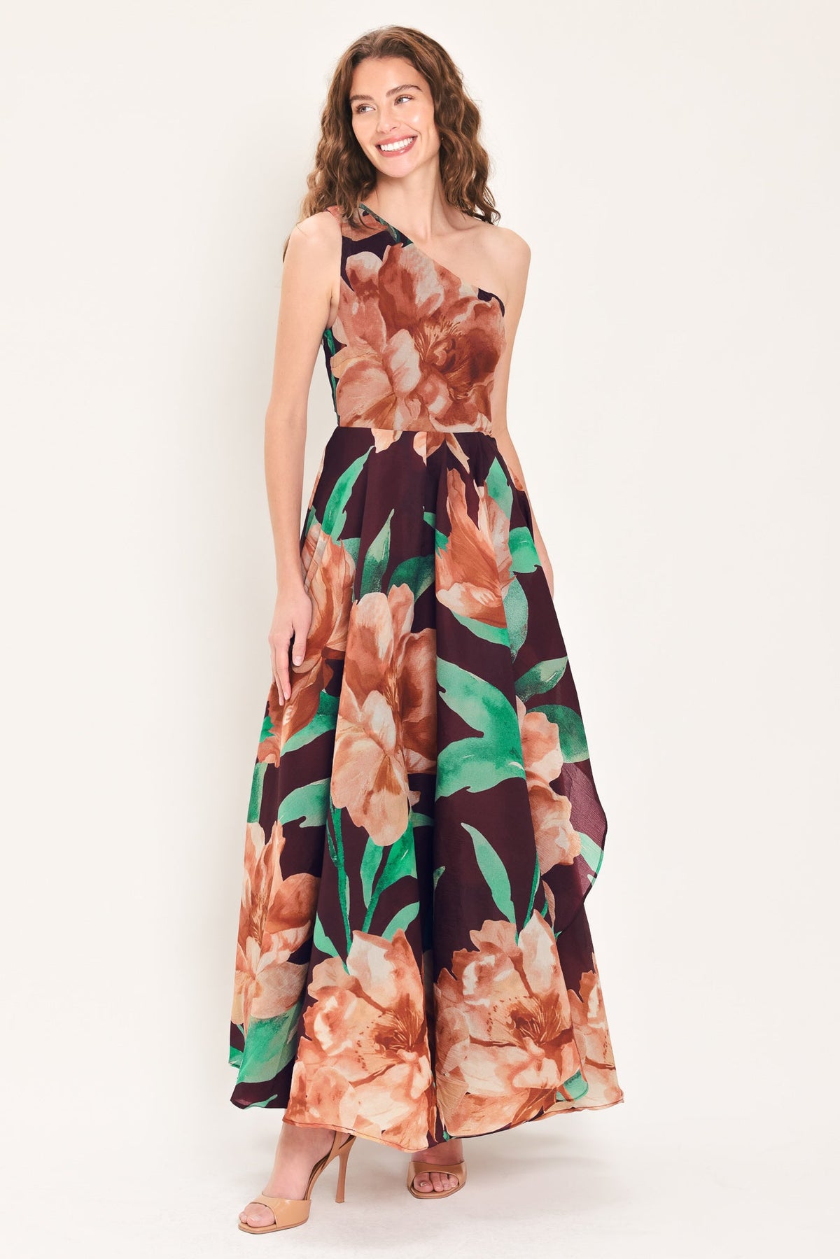VINTAGE MERLOT WINE PRINTED ONE-SHOULDER MAXI DRESS - Flying Tomato - Flyclothing LLC