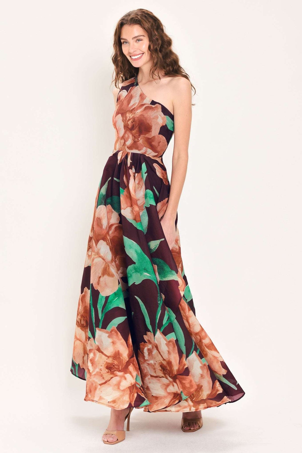VINTAGE MERLOT WINE PRINTED ONE-SHOULDER MAXI DRESS - Flying Tomato - Flyclothing LLC