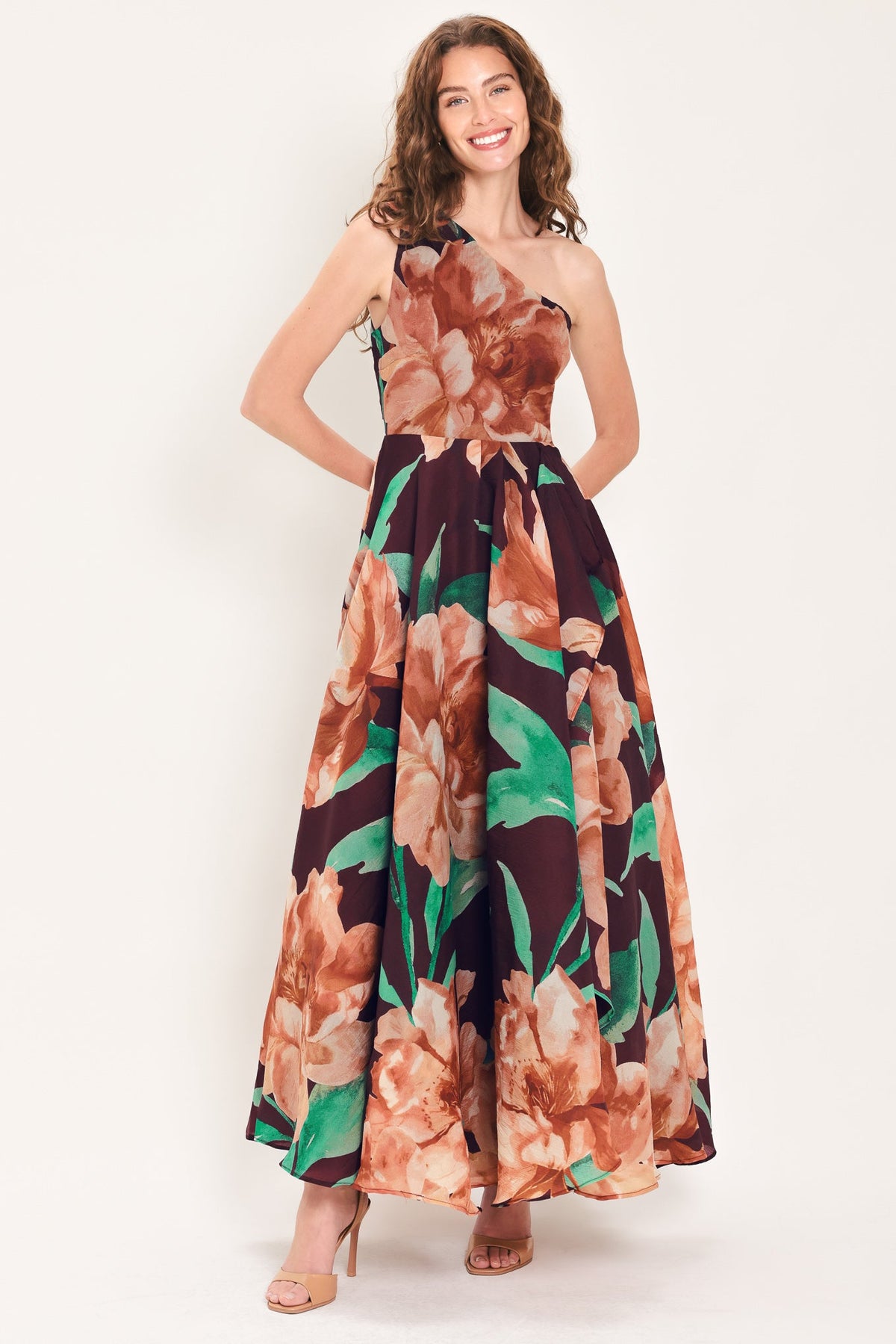VINTAGE MERLOT WINE PRINTED ONE-SHOULDER MAXI DRESS - Flying Tomato - Flyclothing LLC