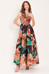 VINTAGE MERLOT WINE PRINTED ONE-SHOULDER MAXI DRESS - Flying Tomato - Flyclothing LLC