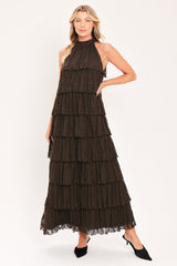 DEEP BROWN LACE DRIFT HALTER WOVEN MAXI DRESS