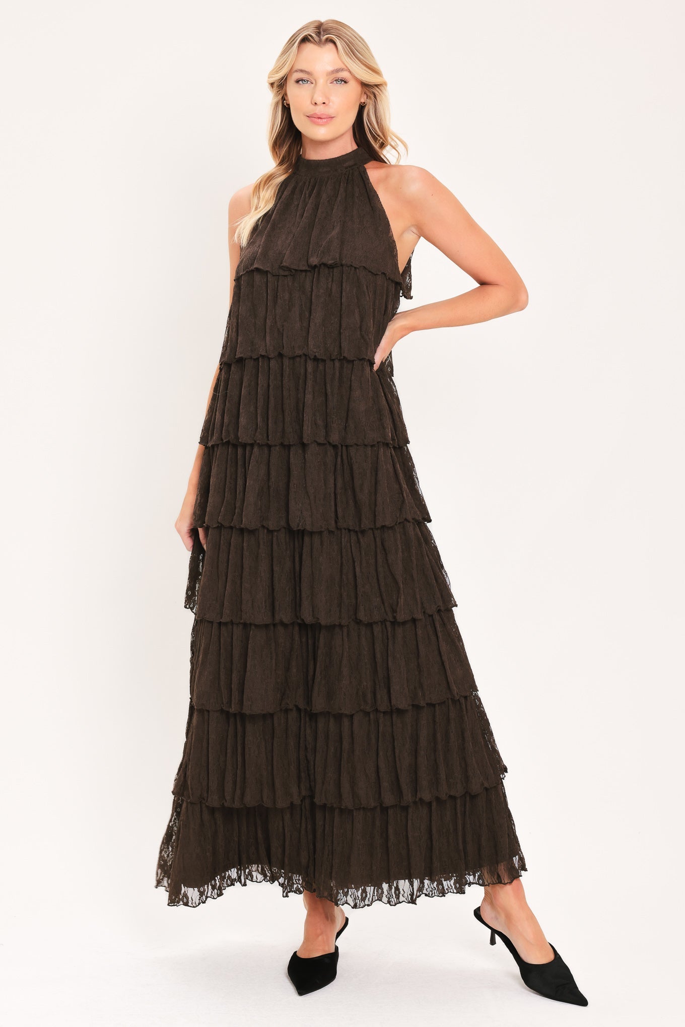 DEEP BROWN LACE DRIFT HALTER WOVEN MAXI DRESS