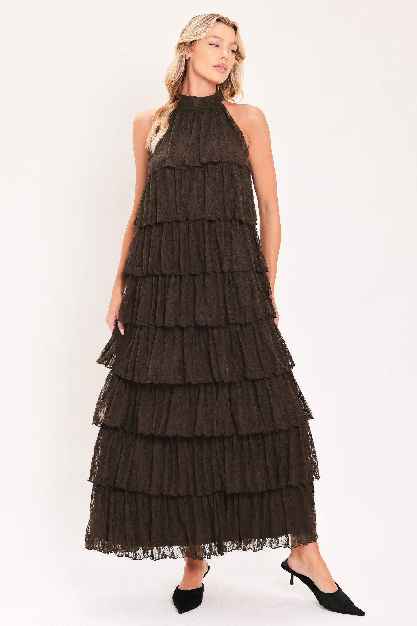 DEEP BROWN LACE DRIFT HALTER WOVEN MAXI DRESS