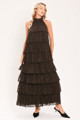 DEEP BROWN LACE DRIFT HALTER WOVEN MAXI DRESS