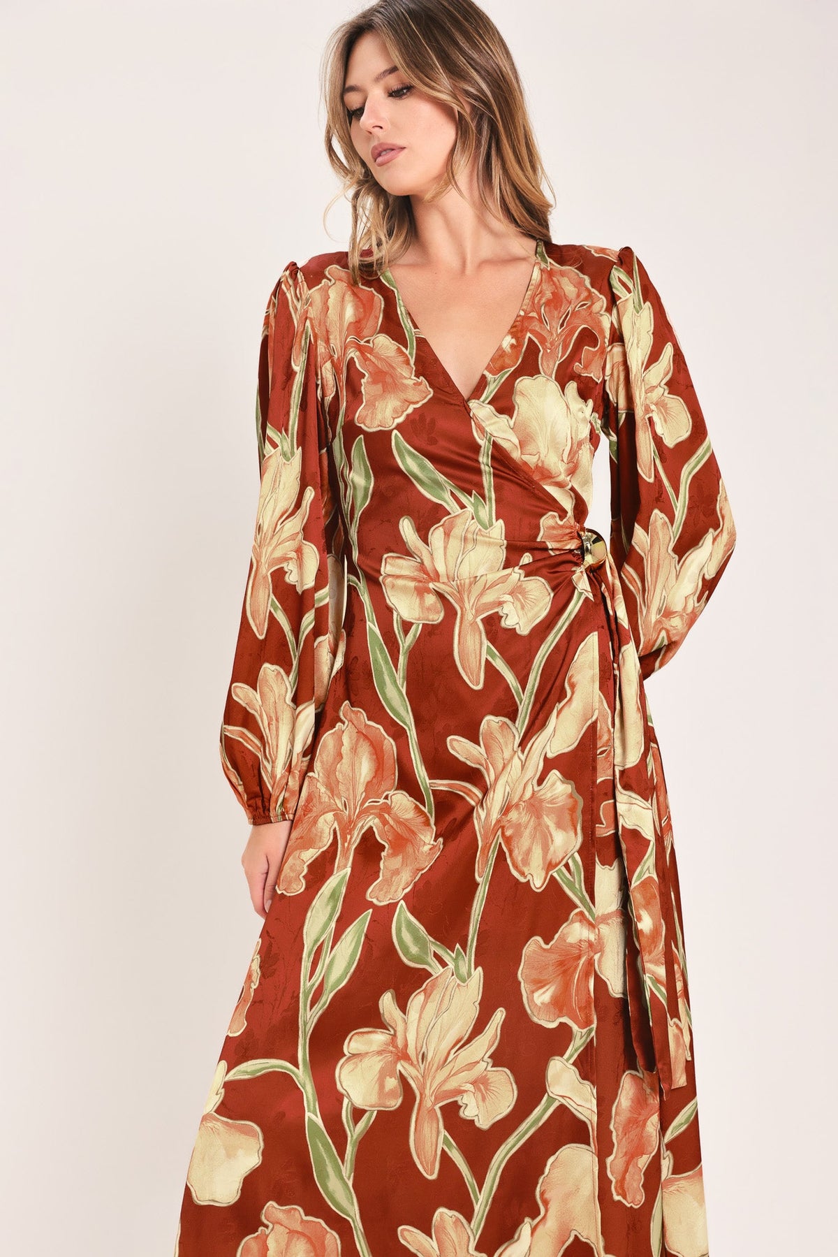 FALLING FOR YOU FAUX WRAP MIDI DRESS
