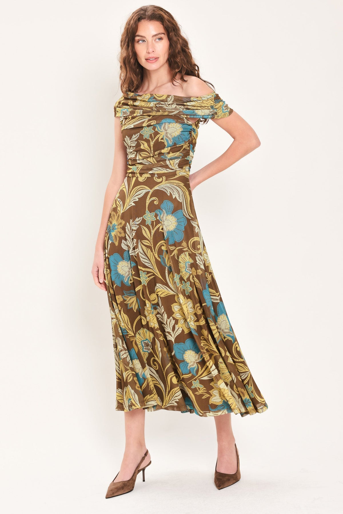 TEAL TEMPTATION BROWN/TEAL DRAPED ONE-SHOULDER MESH MIDI DRESS - Flying Tomato - Flyclothing LLC
