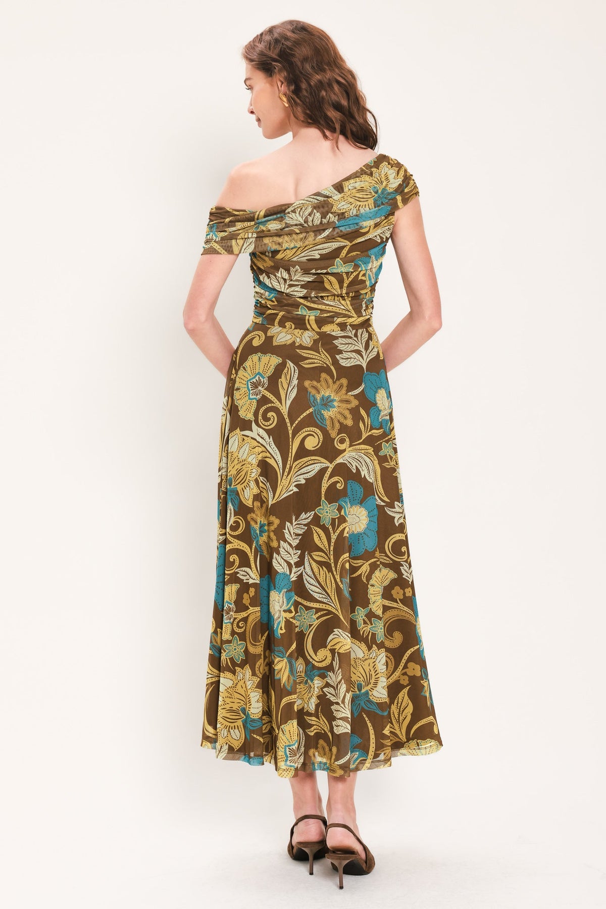 TEAL TEMPTATION BROWN/TEAL DRAPED ONE-SHOULDER MESH MIDI DRESS - Flying Tomato - Flyclothing LLC