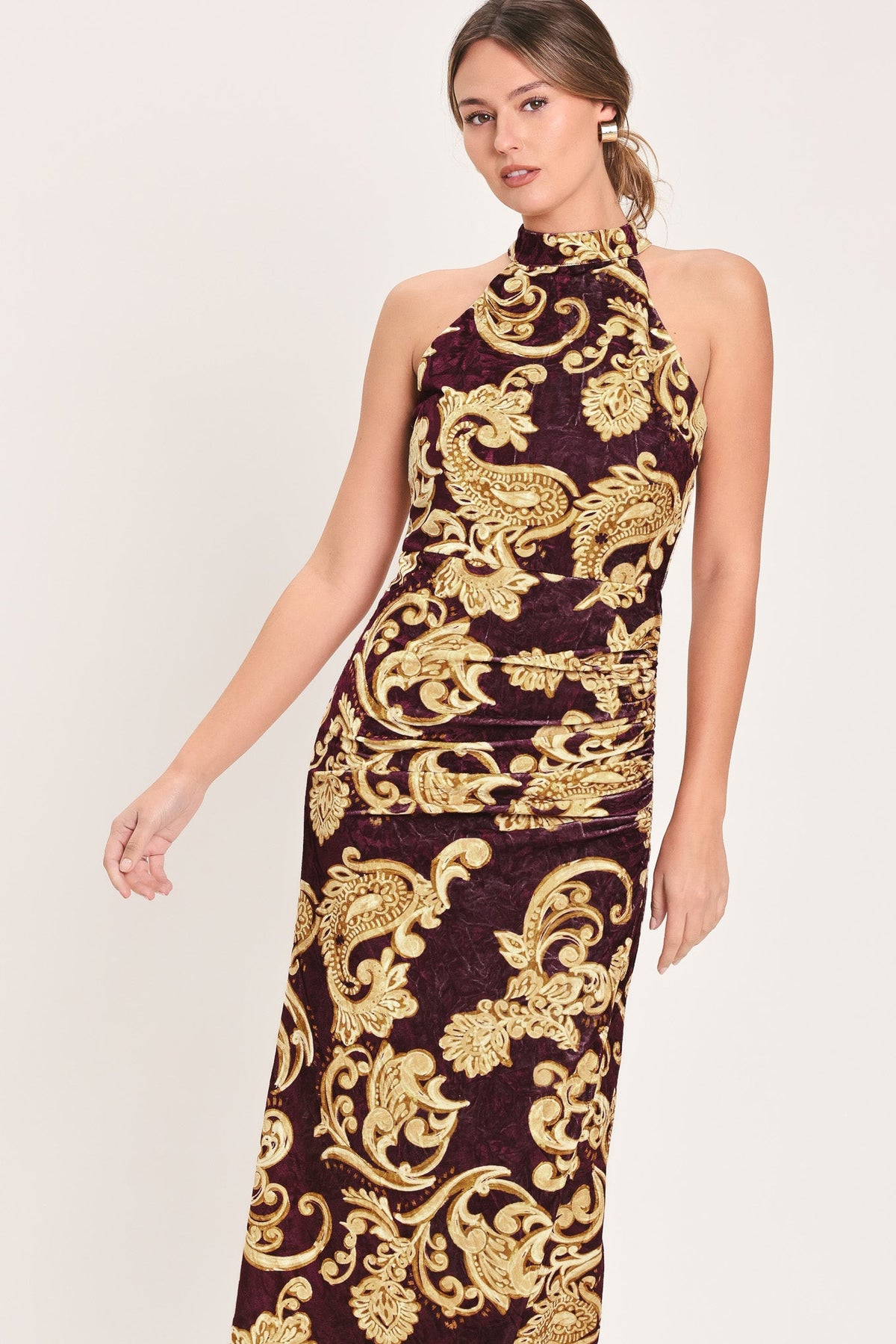 SCARLET SPELL DARK SCARLET PRINTED CRUSHED VELVET HALTER MAXI DRESS - Flying Tomato - Flyclothing LLC