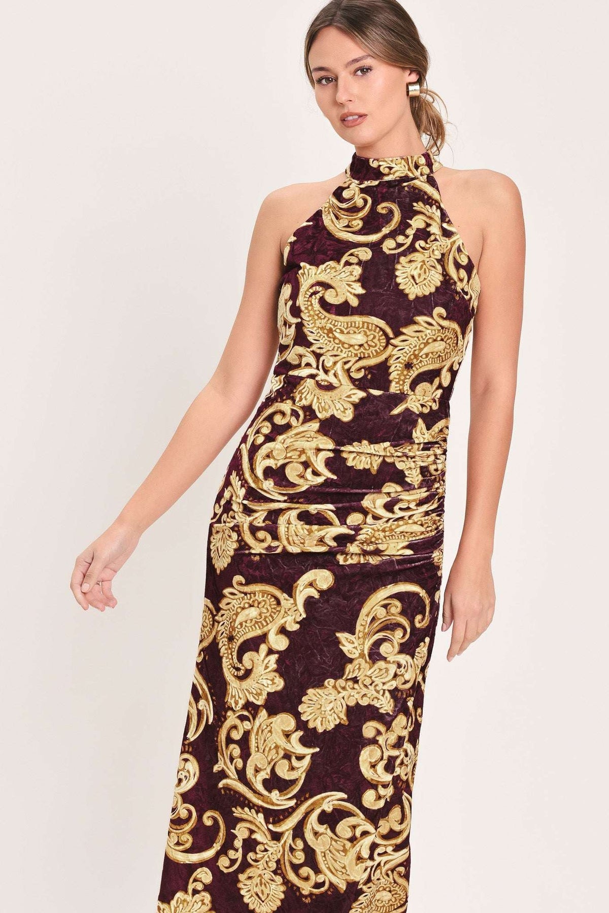 SCARLET SPELL DARK SCARLET PRINTED CRUSHED VELVET HALTER MAXI DRESS - Flying Tomato - Flyclothing LLC