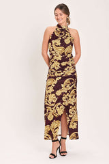 SCARLET SPELL DARK SCARLET PRINTED CRUSHED VELVET HALTER MAXI DRESS - Flying Tomato - Flyclothing LLC