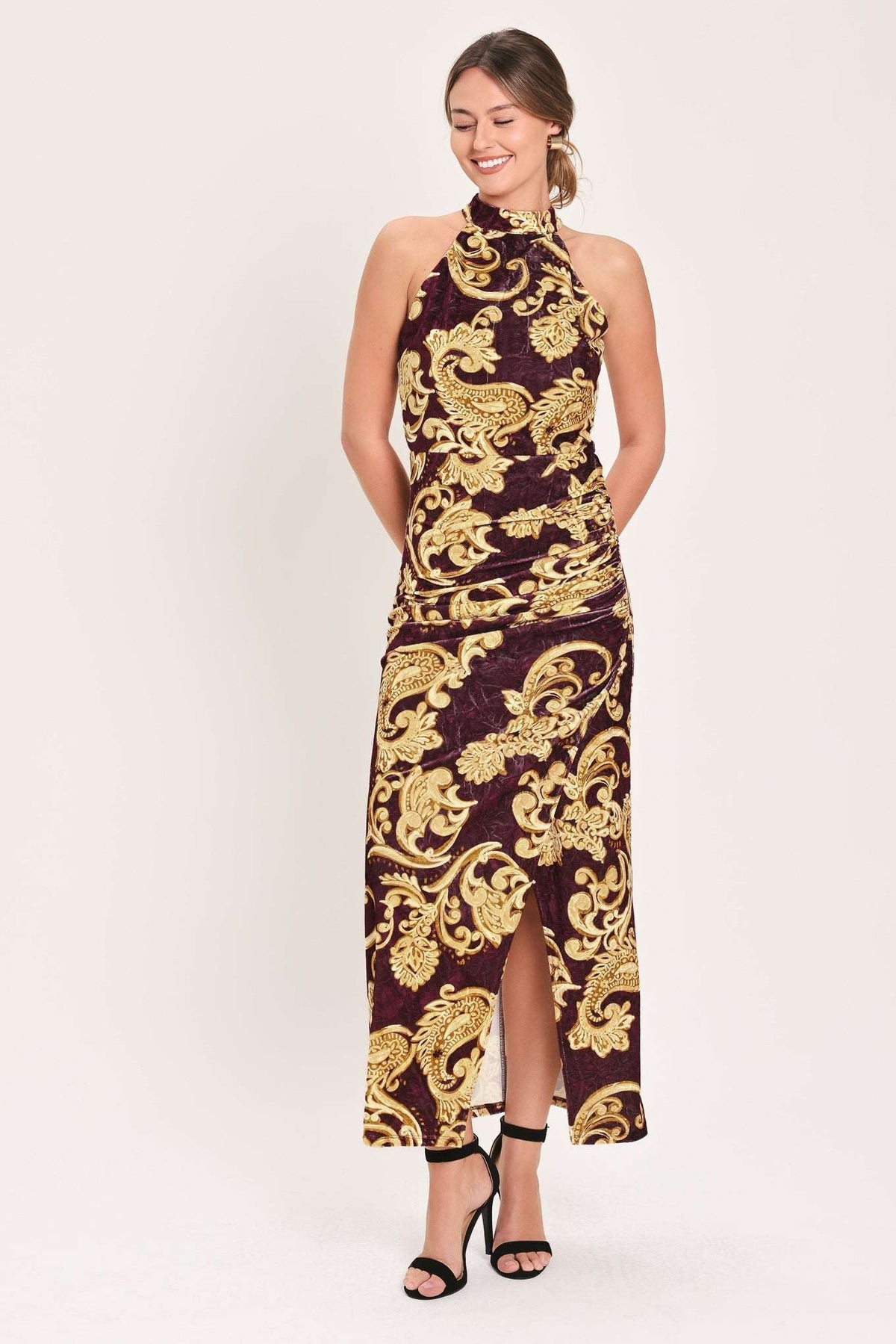 SCARLET SPELL DARK SCARLET PRINTED CRUSHED VELVET HALTER MAXI DRESS - Flying Tomato - Flyclothing LLC