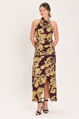 SCARLET SPELL DARK SCARLET PRINTED CRUSHED VELVET HALTER MAXI DRESS - Flying Tomato - Flyclothing LLC