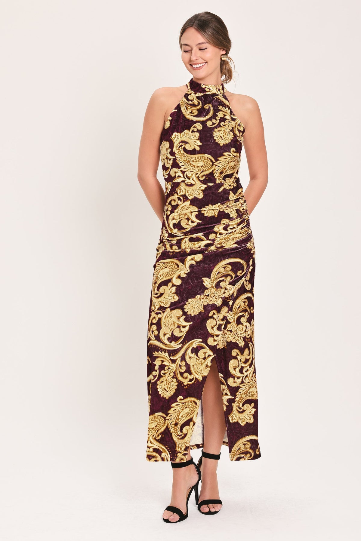 SCARLET SPELL DARK SCARLET PRINTED CRUSHED VELVET HALTER MAXI DRESS - Flying Tomato - Flyclothing LLC