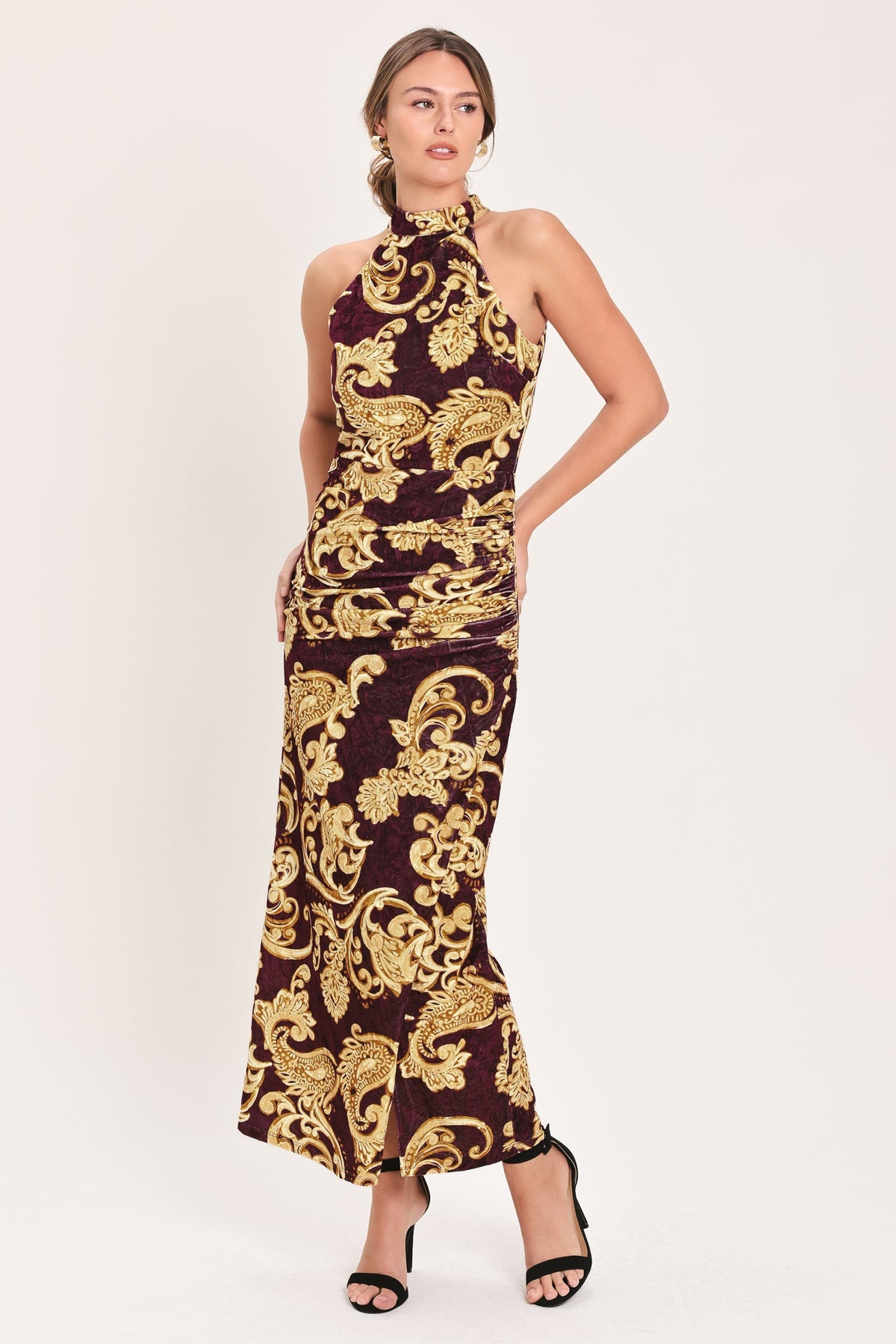 SCARLET SPELL DARK SCARLET PRINTED CRUSHED VELVET HALTER MAXI DRESS - Flying Tomato - Flyclothing LLC