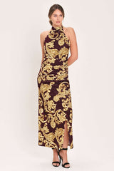 SCARLET SPELL DARK SCARLET PRINTED CRUSHED VELVET HALTER MAXI DRESS - Flying Tomato - Flyclothing LLC