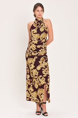 SCARLET SPELL DARK SCARLET PRINTED CRUSHED VELVET HALTER MAXI DRESS - Flying Tomato - Flyclothing LLC