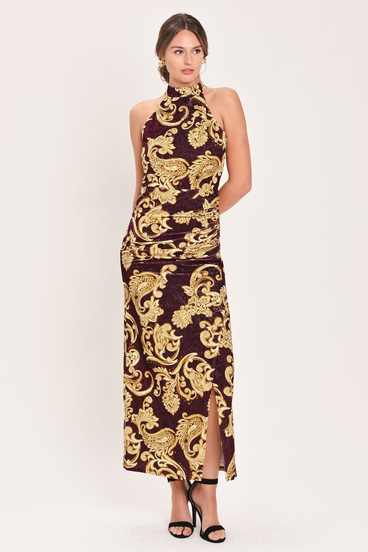 SCARLET SPELL DARK SCARLET PRINTED CRUSHED VELVET HALTER MAXI DRESS - Flying Tomato - Flyclothing LLC