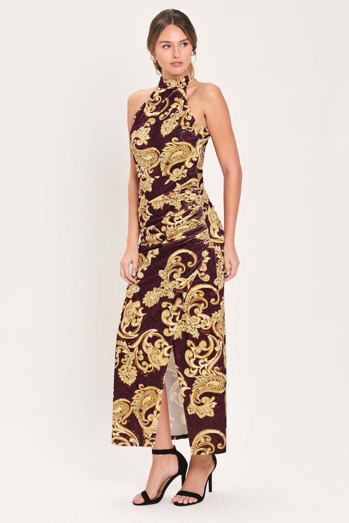 SCARLET SPELL DARK SCARLET PRINTED CRUSHED VELVET HALTER MAXI DRESS - Flying Tomato - Flyclothing LLC