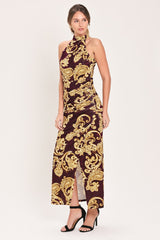 SCARLET SPELL DARK SCARLET PRINTED CRUSHED VELVET HALTER MAXI DRESS - Flying Tomato - Flyclothing LLC