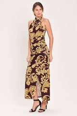 SCARLET SPELL DARK SCARLET PRINTED CRUSHED VELVET HALTER MAXI DRESS - Flying Tomato - Flyclothing LLC