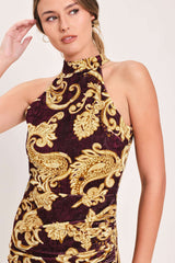 SCARLET SPELL DARK SCARLET PRINTED CRUSHED VELVET HALTER MAXI DRESS - Flying Tomato - Flyclothing LLC