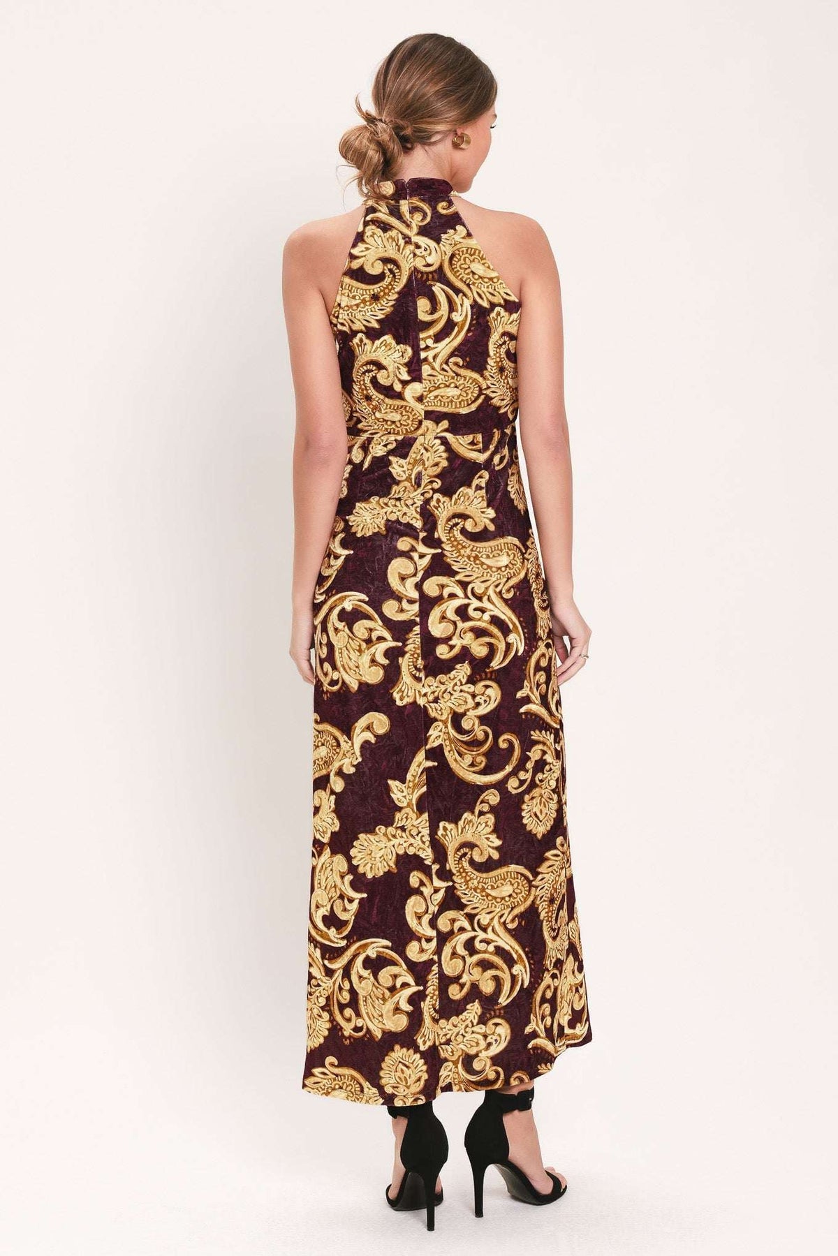SCARLET SPELL DARK SCARLET PRINTED CRUSHED VELVET HALTER MAXI DRESS - Flying Tomato - Flyclothing LLC