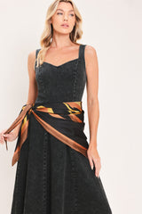 DARKWASH SCARF ELEGANCE DENIM MIDI DRESS