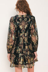 MIDNIGHT FLIRT BLACK PRINTED RUFFLE-HEM MINI DRESS