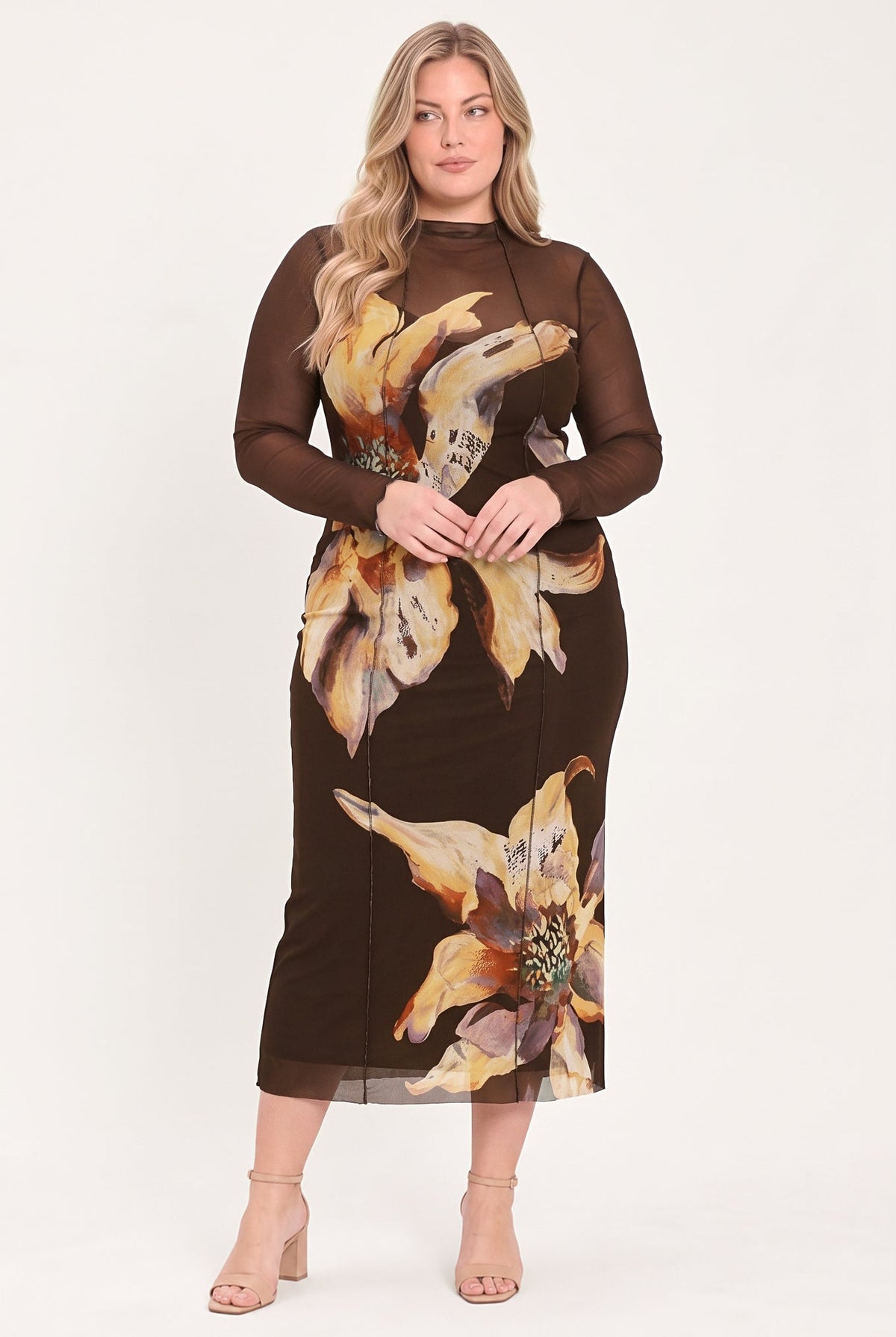 MOCHA MYSTIQUE DARK BROWN PRINTED MESH MIDI DRESS - Flying Tomato - Flyclothing LLC