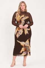 MOCHA MYSTIQUE DARK BROWN PRINTED MESH MIDI DRESS - Flying Tomato - Flyclothing LLC