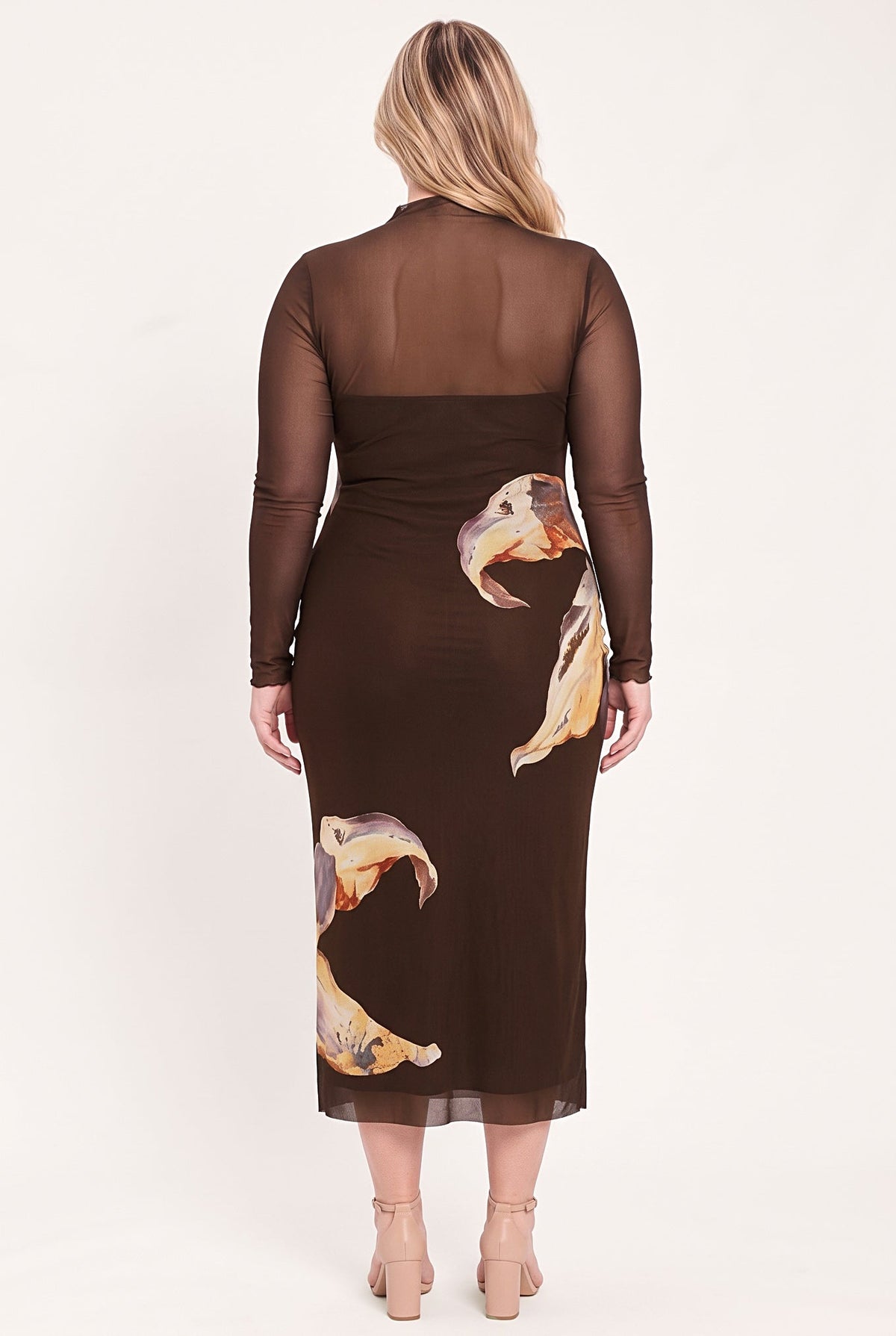 MOCHA MYSTIQUE DARK BROWN PRINTED MESH MIDI DRESS - Flying Tomato - Flyclothing LLC
