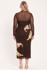MOCHA MYSTIQUE DARK BROWN PRINTED MESH MIDI DRESS - Flying Tomato - Flyclothing LLC