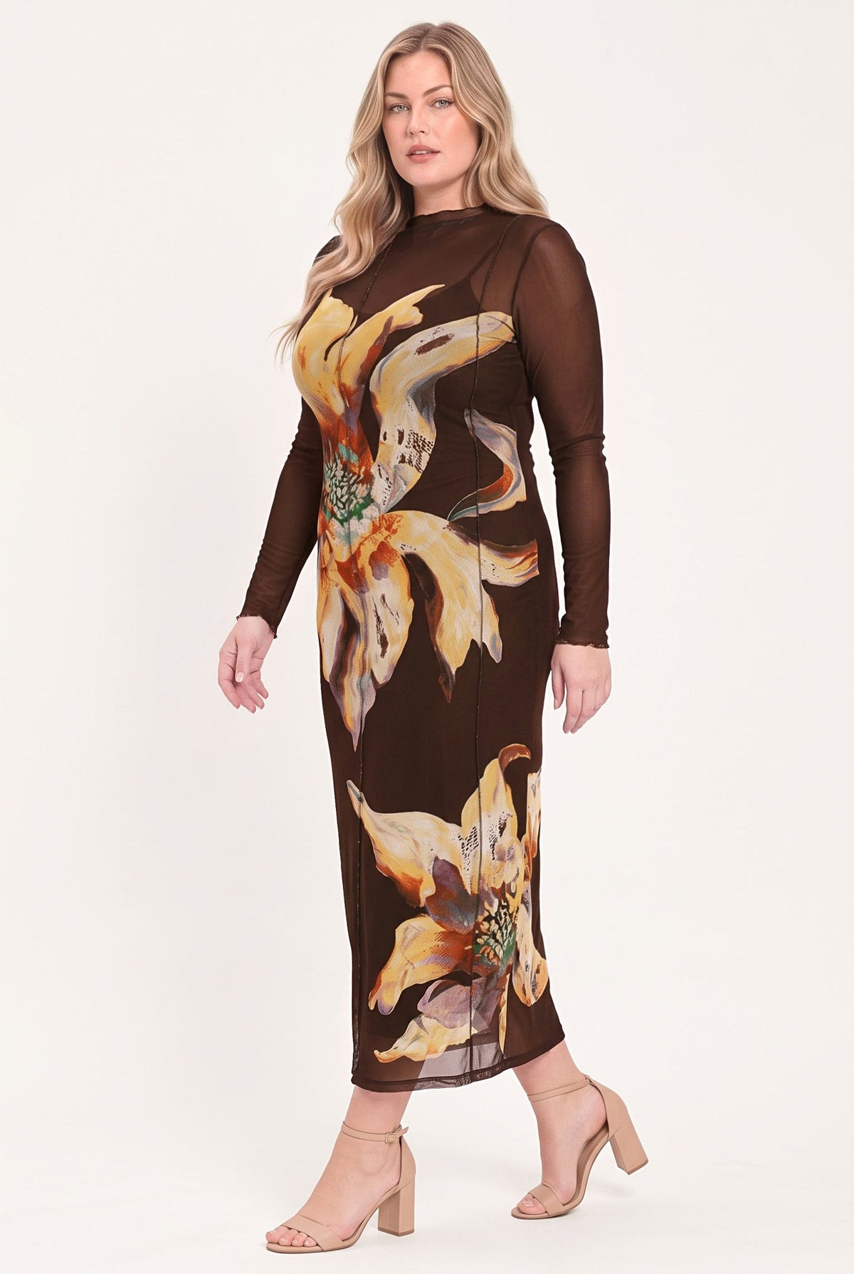 MOCHA MYSTIQUE DARK BROWN PRINTED MESH MIDI DRESS - Flying Tomato - Flyclothing LLC