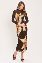 MOCHA MYSTIQUE DARK BROWN PRINTED MESH MIDI DRESS - Flying Tomato - Flyclothing LLC