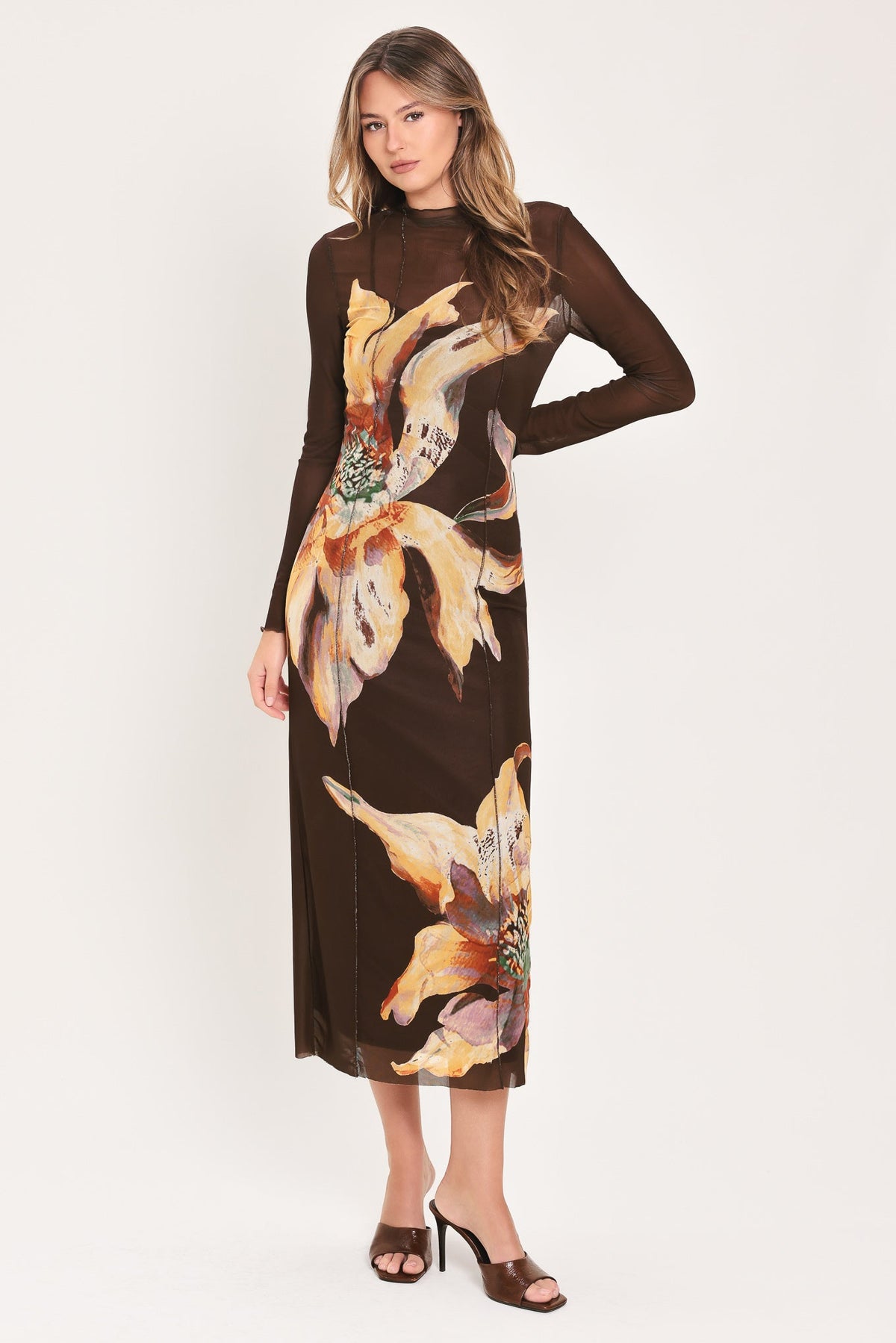 MOCHA MYSTIQUE DARK BROWN PRINTED MESH MIDI DRESS - Flying Tomato - Flyclothing LLC
