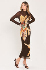 MOCHA MYSTIQUE DARK BROWN PRINTED MESH MIDI DRESS - Flying Tomato - Flyclothing LLC
