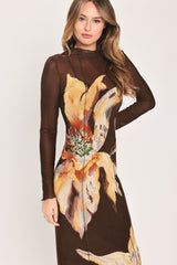 MOCHA MYSTIQUE DARK BROWN PRINTED MESH MIDI DRESS - Flying Tomato - Flyclothing LLC