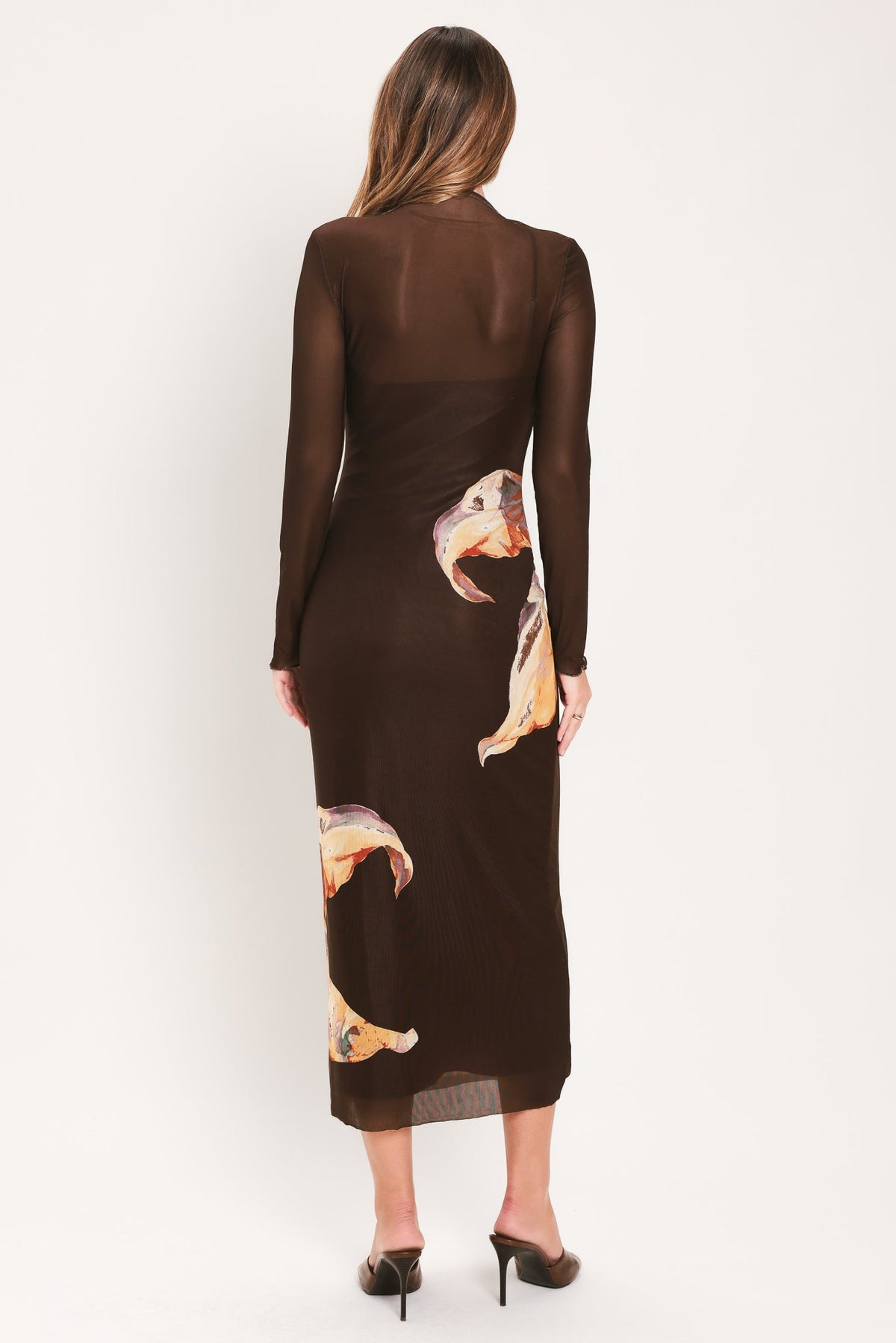 MOCHA MYSTIQUE DARK BROWN PRINTED MESH MIDI DRESS - Flying Tomato - Flyclothing LLC