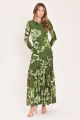 ENCHANTED GROVE MOSS GREEN PRINTED MESH ANKLE DRESS
