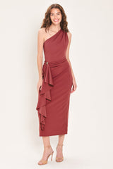 SIENNA STATEMENT BURNT SIENNA RUFFLE ONE-SHOULDER MIDI DRESS - Flying Tomato - Flyclothing LLC