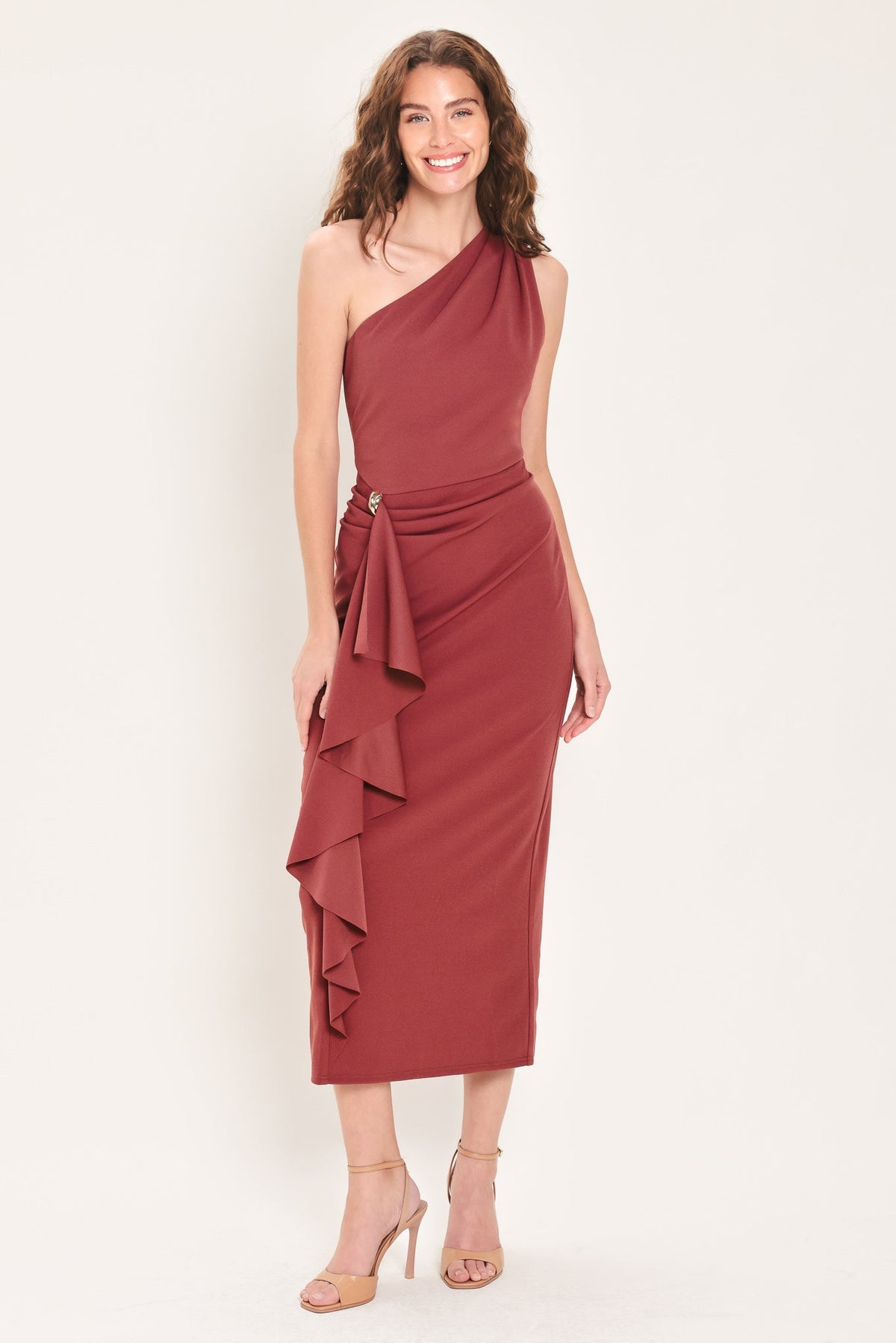 SIENNA STATEMENT BURNT SIENNA RUFFLE ONE-SHOULDER MIDI DRESS - Flying Tomato - Flyclothing LLC