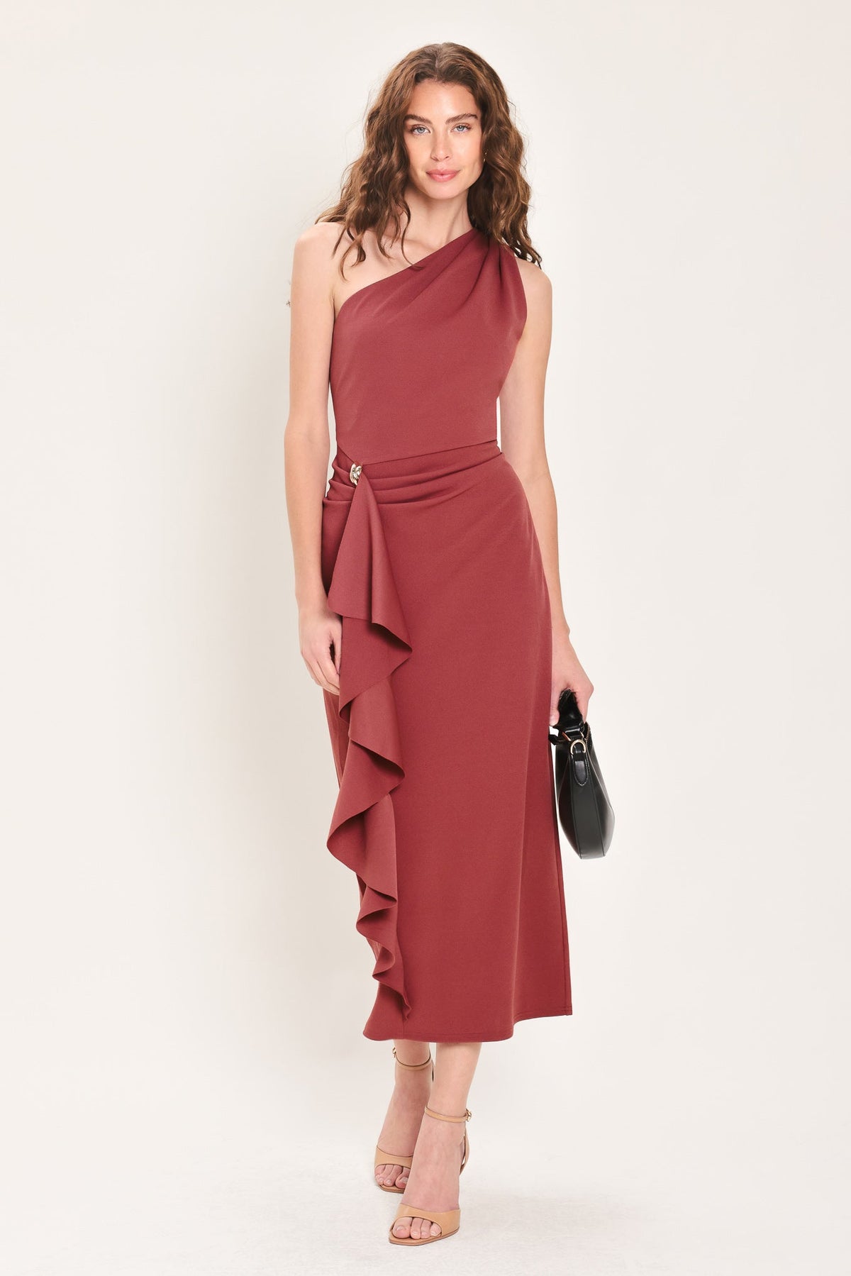 SIENNA STATEMENT BURNT SIENNA RUFFLE ONE-SHOULDER MIDI DRESS - Flying Tomato - Flyclothing LLC