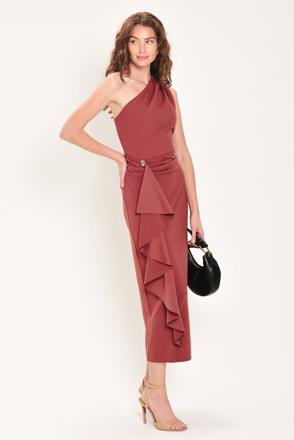 SIENNA STATEMENT BURNT SIENNA RUFFLE ONE-SHOULDER MIDI DRESS - Flying Tomato - Flyclothing LLC