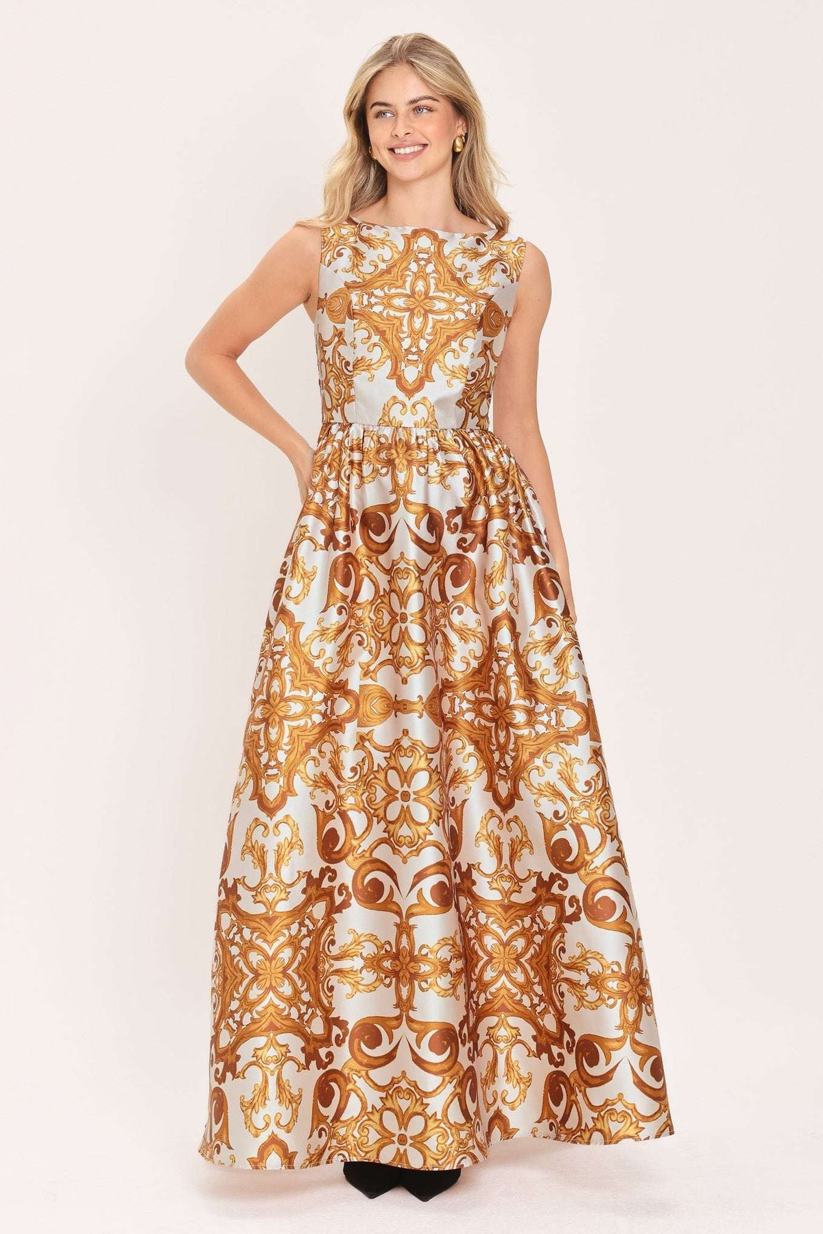 RUSTIC BLOOM RUST PRINTED FULL-SKIRT MAXI DRESS - Flying Tomato - Flyclothing LLC