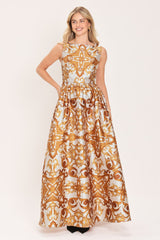 RUSTIC BLOOM RUST PRINTED FULL-SKIRT MAXI DRESS - Flying Tomato - Flyclothing LLC