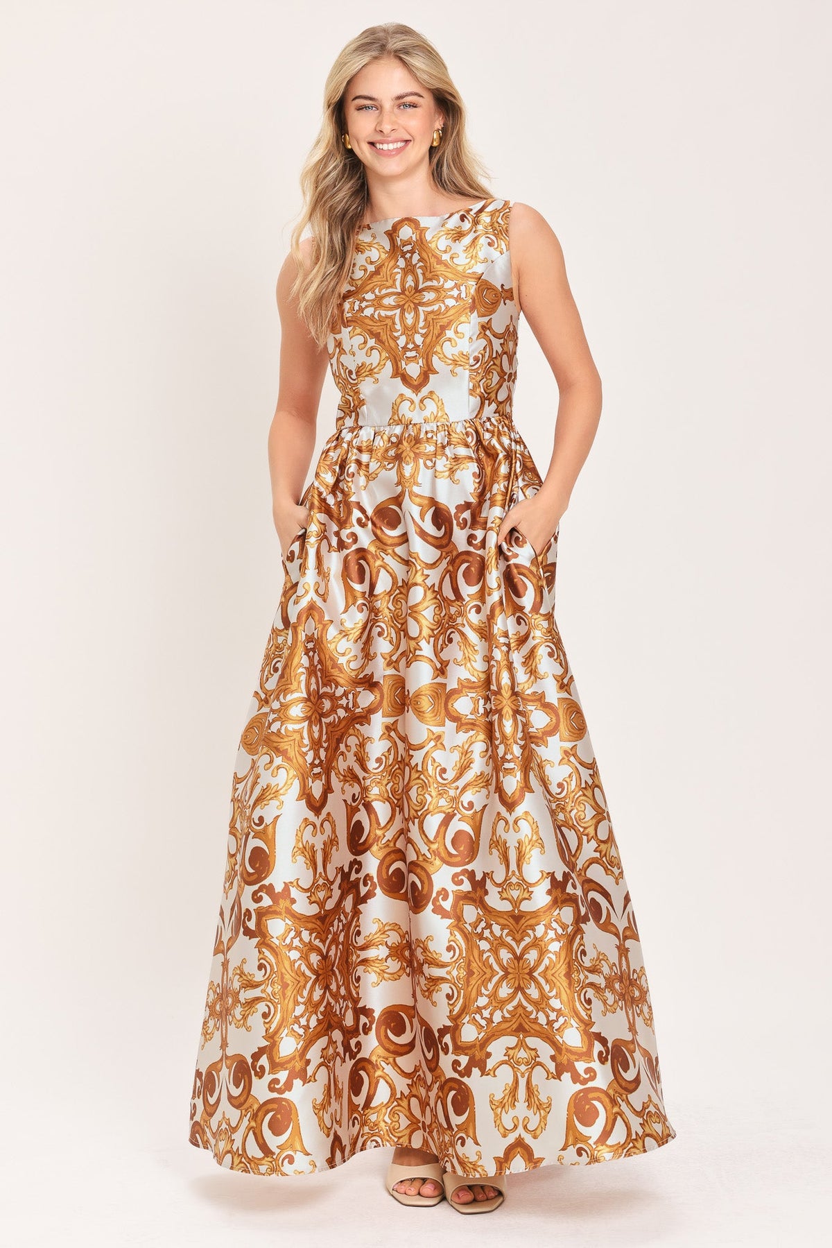 RUSTIC BLOOM RUST PRINTED FULL-SKIRT MAXI DRESS - Flying Tomato - Flyclothing LLC