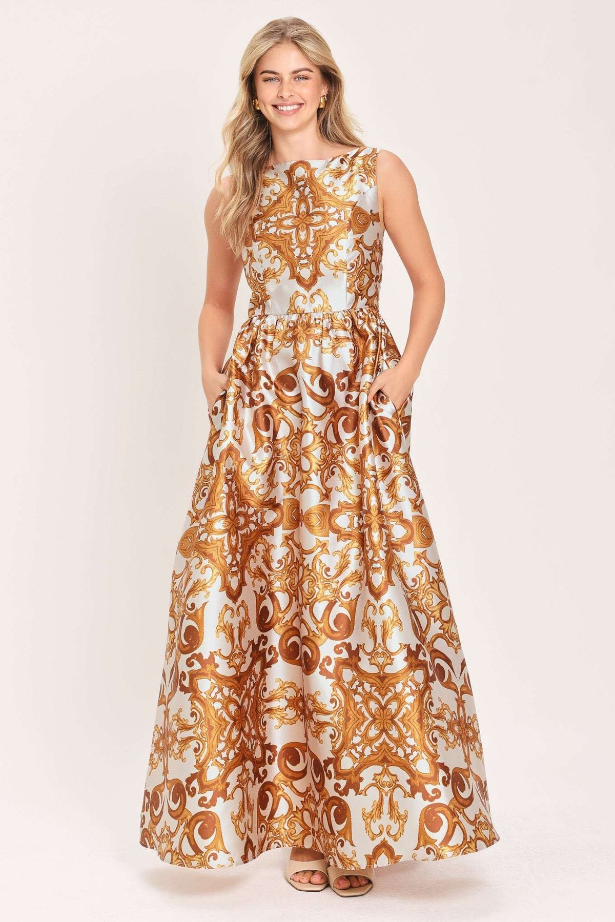 RUSTIC BLOOM RUST PRINTED FULL-SKIRT MAXI DRESS - Flying Tomato - Flyclothing LLC