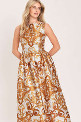 RUSTIC BLOOM RUST PRINTED FULL-SKIRT MAXI DRESS - Flying Tomato - Flyclothing LLC